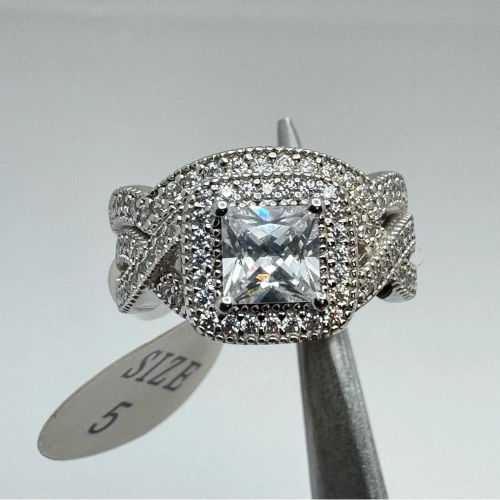 Sterling Silver CZ Double Band Ring Size 5 Halo Princess Cut New